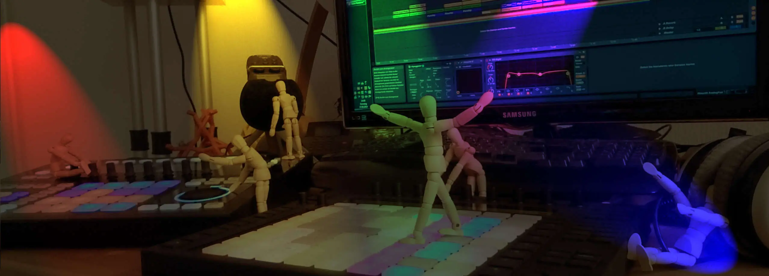 Panta Flux Studio – manikins on Push 2 and Maschine Studio in front of Ableton Live