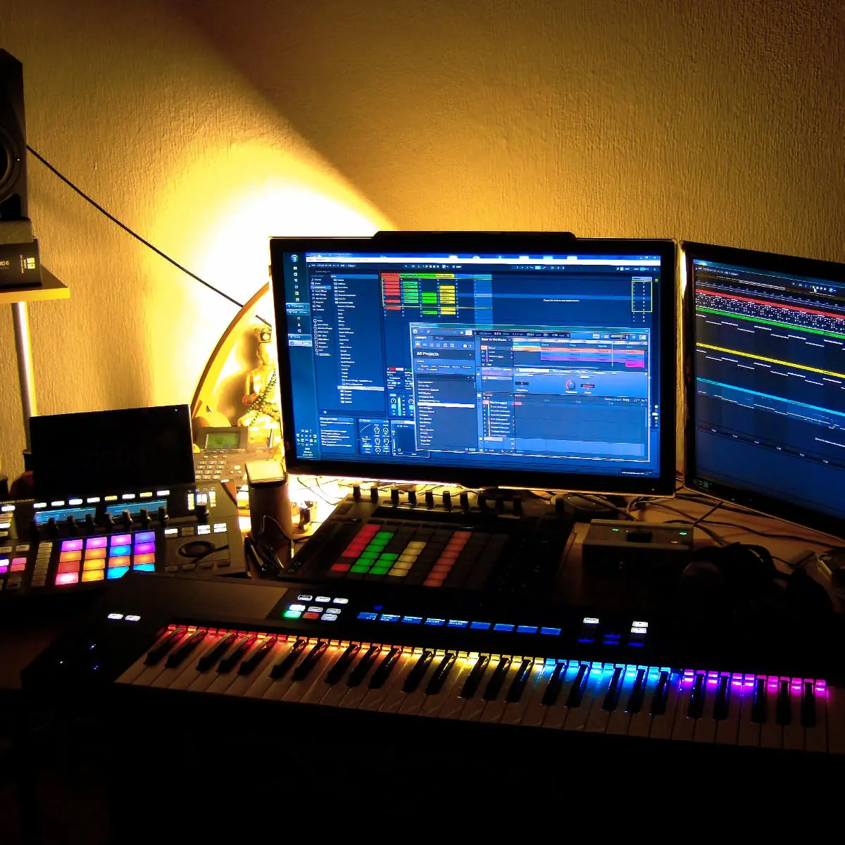 Instruments with lots of colourful lights in the studio