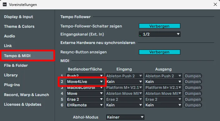 Ableton Live 12 Einstellungen: Move4Live als Bedienoberfläche eingetragen