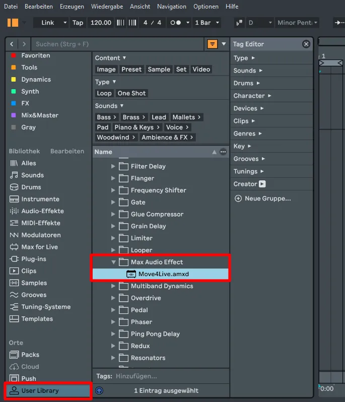 Ableton Live Browser: Move4Live.amxd im Max-Audio-Effect-Ordner der User Library