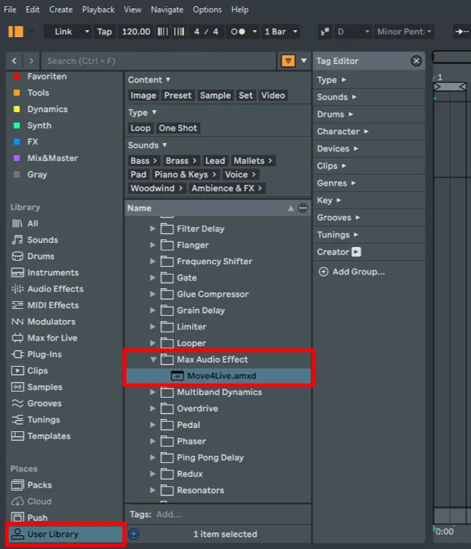 Ableton Live browser: Move4Live.amxd in the Max Audio Effect folder of the User Library