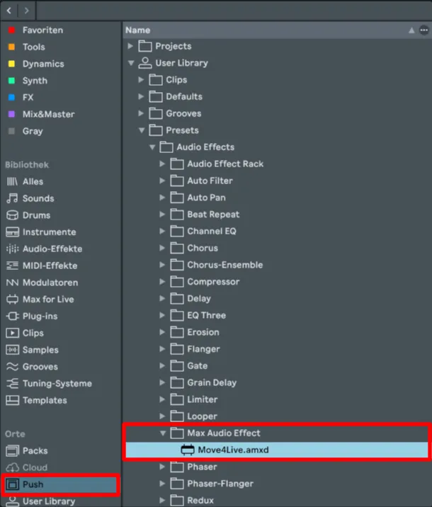 Live 12 – target folder for “Move4Live.amxd” on the Push