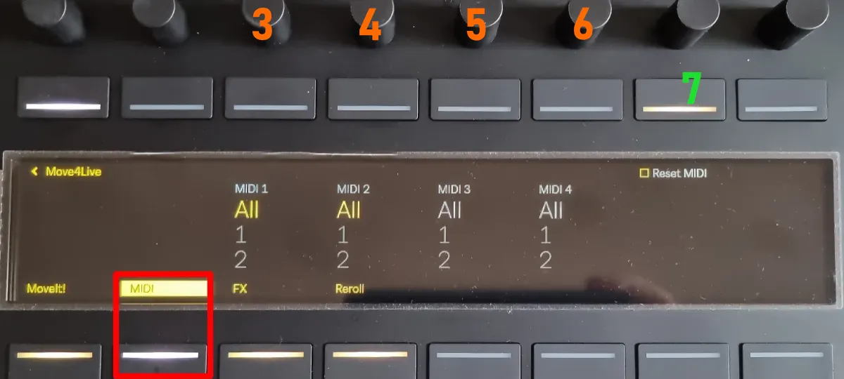 Move4Live on Push 3 – “MIDI” page for MIDI input channel controls