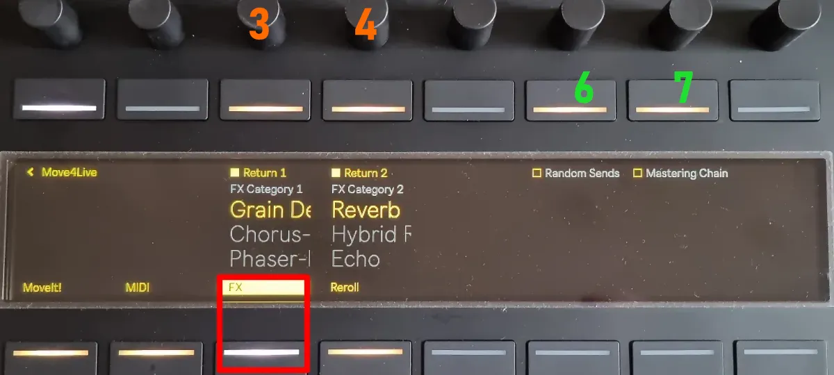 Move4Live on Push 3 – “FX” page for effect and mastering chain controls
