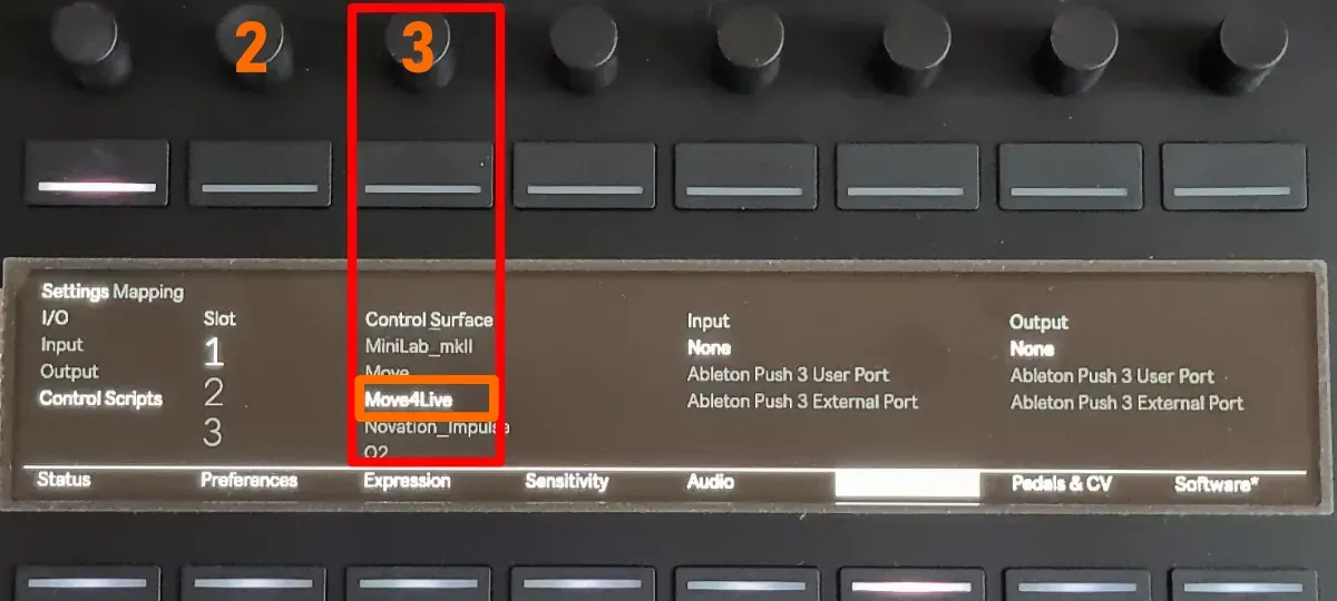 Push 3 – Setup MIDI page with Control Surface selection “Move4Live”