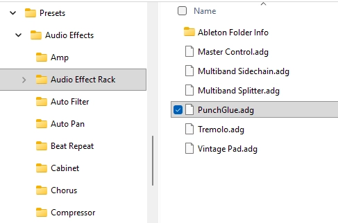 Windows Explorer: PunchGlue.adg in the “Audio Effect Rack” folder