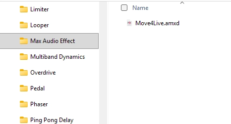 Windows Explorer: Move4Live.amxd in the “Max Audio Effect” folder
