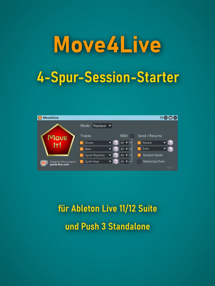 Produktbild mit Move4Live als 4-Spur-Session-Starter für Ableton Live 11/12 Suite und Push 3 Standalone