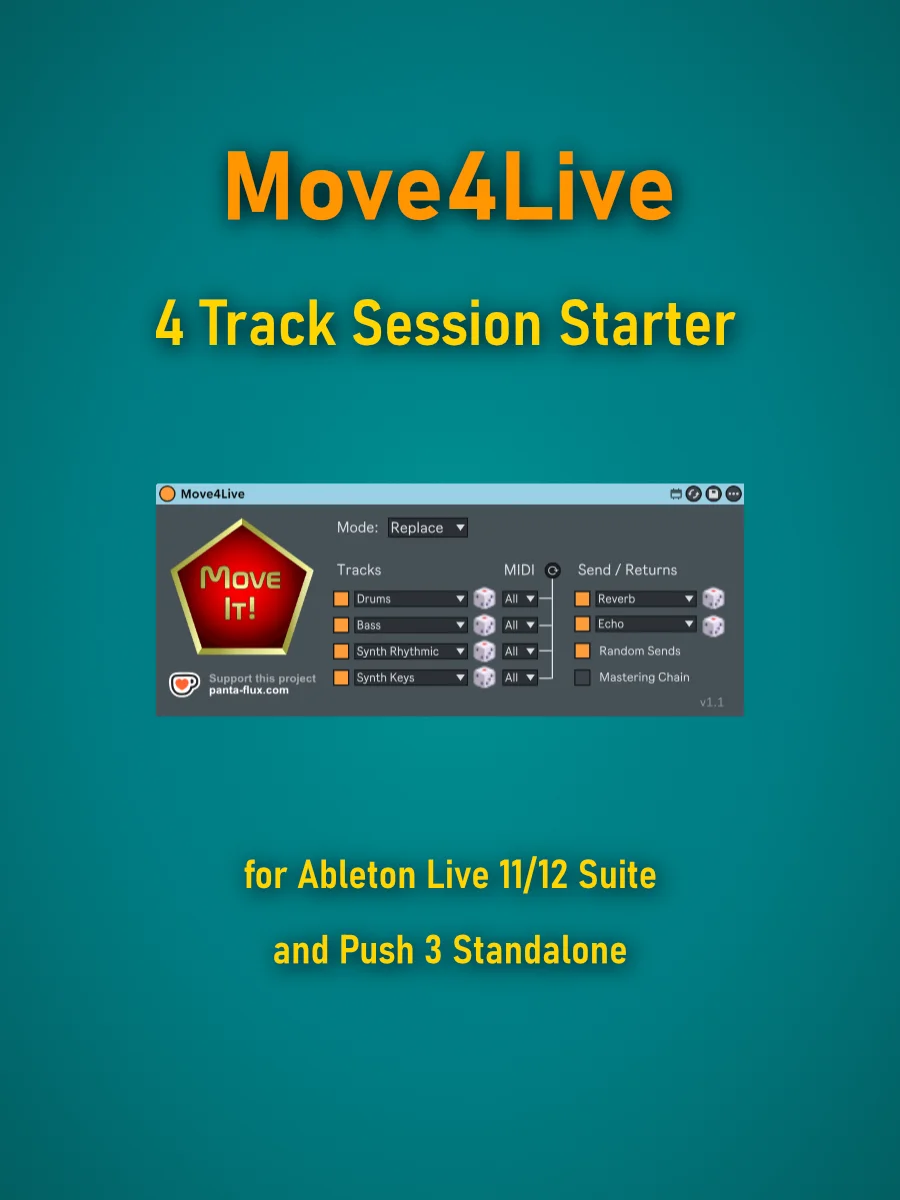 Product image featuring Move4Live as the 4-track session starter for Ableton Live 11/12 Suite and Push 3 Standalone